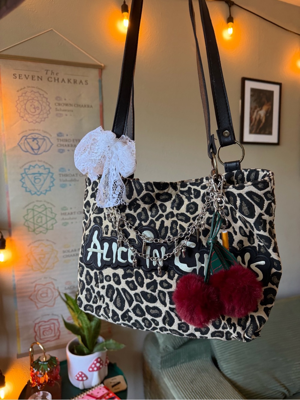 Leopard Print Shoulder Bag with Alice In Chains patch and accessories